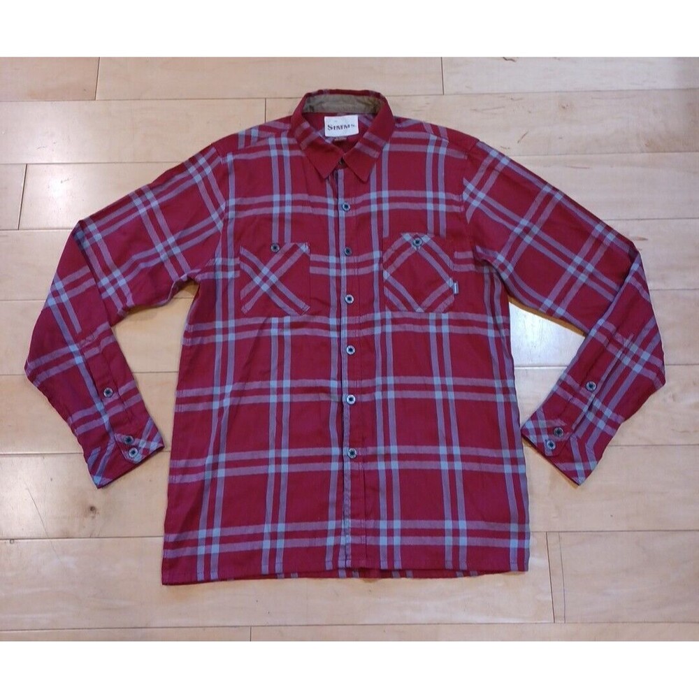 SIMMS Black Fords Flannel Plaid Red Fly Fish Fishing Hike Outdoors Shirt Size M